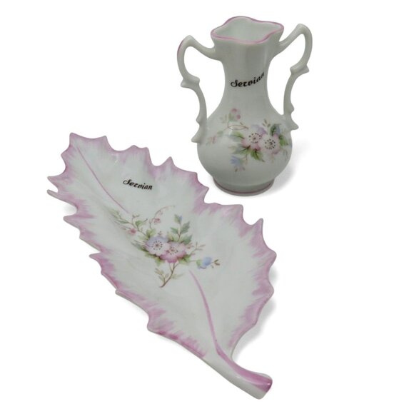 FD Chauvigny Porcelain Floral Vase And Leaf Dish in Pink And White France Vintag - Picture 1 of 10